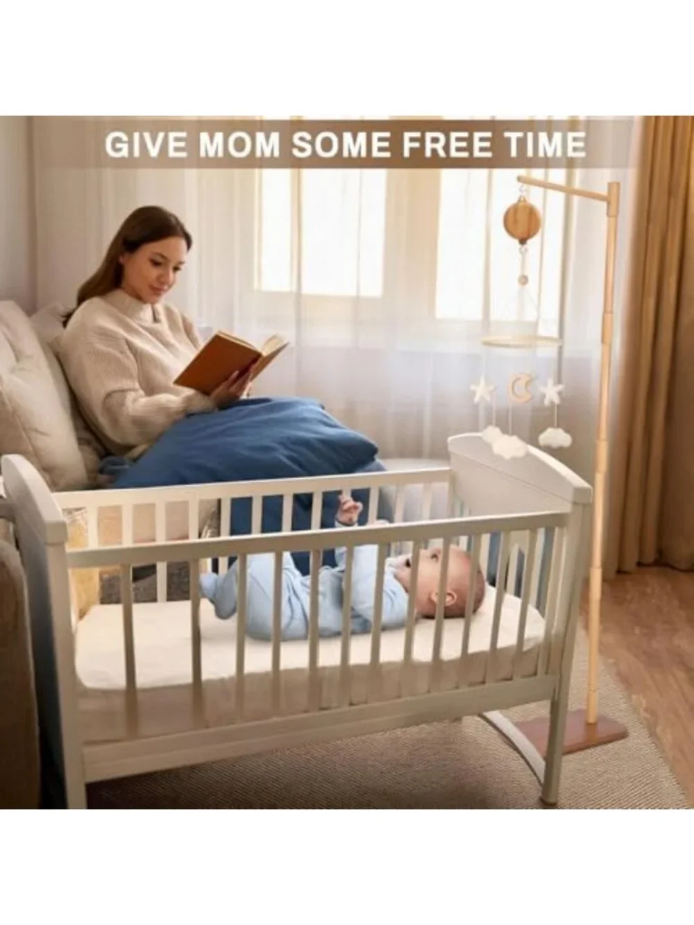 Wooden Crib Mobile Arm with Music Box - 65 Inch, 35 Lullabies, Volume Control